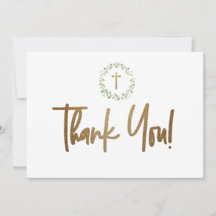 Gold Cross Green Watercolor wreath First communion Thank You Card
