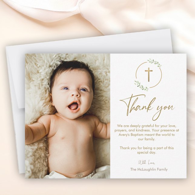 Gold Cross Greenery Wreath Baptism Photo Thank You Card (Baptism thank you photo baby card, gold cross, botanical wreath.)