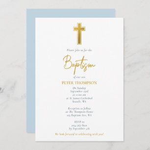 Gold Cross Hand Written Script Boy Baptism  Invitation