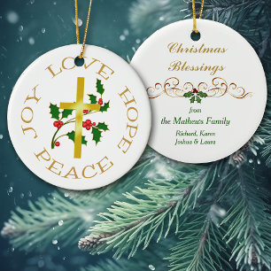 Gold Cross Holly Hope Ceramic Tree Decoration