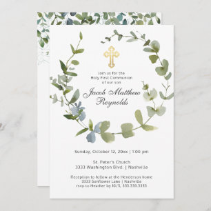 Gold Cross Holy Communion Eucalyptus Greenery Invitation
