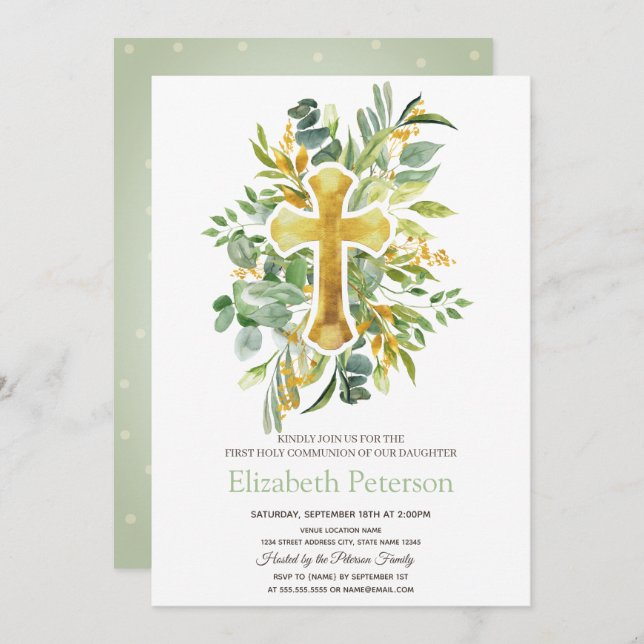 Gold Cross Leaves Dots First Holy Communion   Invitation (Front/Back)