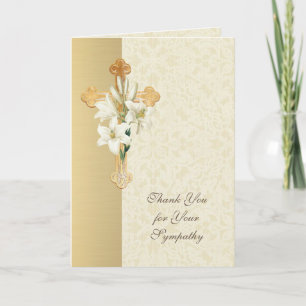 Gold Cross Lilies  Christian Condolence Thank You Card