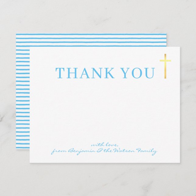 GOLD CROSS modern holy baptism aqua blue thank you Invitation (Front/Back)