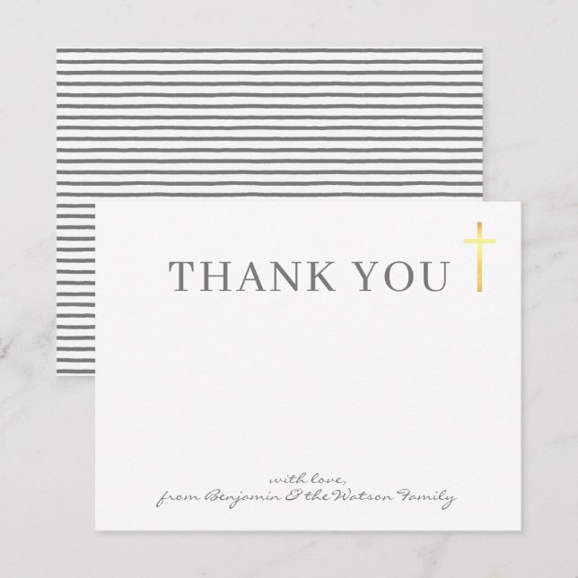 GOLD CROSS modern holy baptism cute grey thank you Invitation (Front/Back)