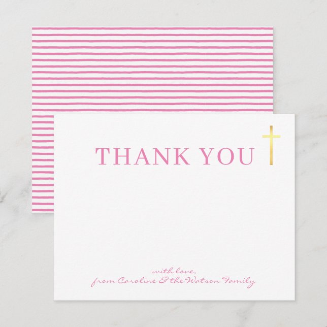GOLD CROSS modern holy baptism girl pink thank you Invitation (Front/Back)