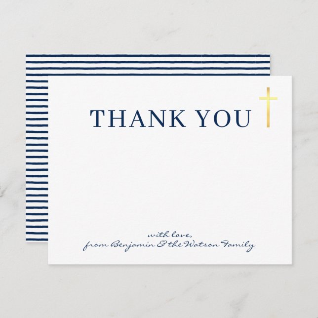 GOLD CROSS modern holy baptism navy blue thank you Invitation (Front/Back)