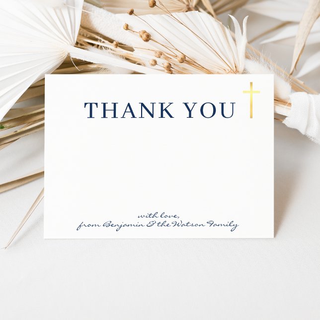 GOLD CROSS modern holy baptism navy blue thank you Invitation (Creator Uploaded)