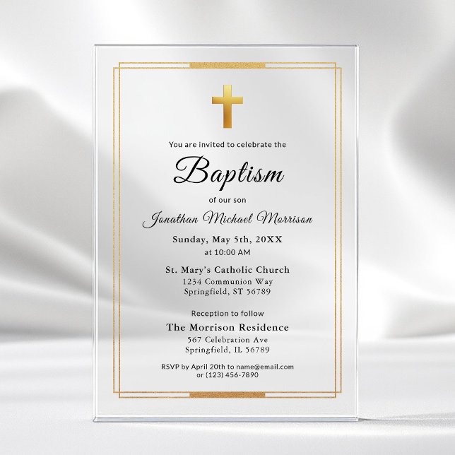 Gold Cross Modern Script Minimal Elegant Baptism Acrylic Invitations (Creator Uploaded)