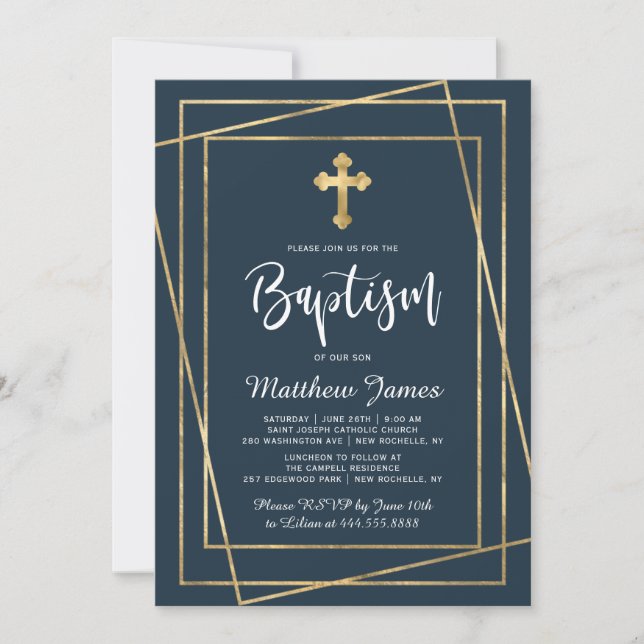 Gold Cross Modern Script Navy Blue Boy Baptism Invitation (Front)