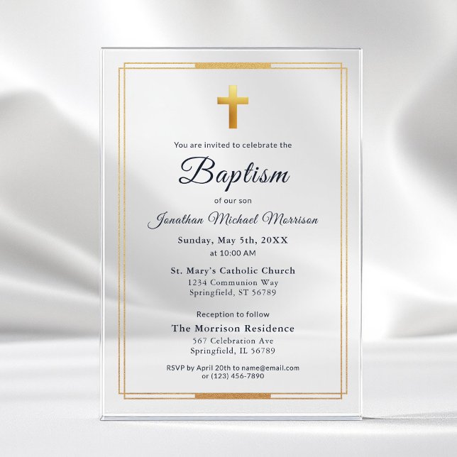 Gold Cross Modern Script Navy Blue Elegant Baptism Acrylic Invitations (Creator Uploaded)