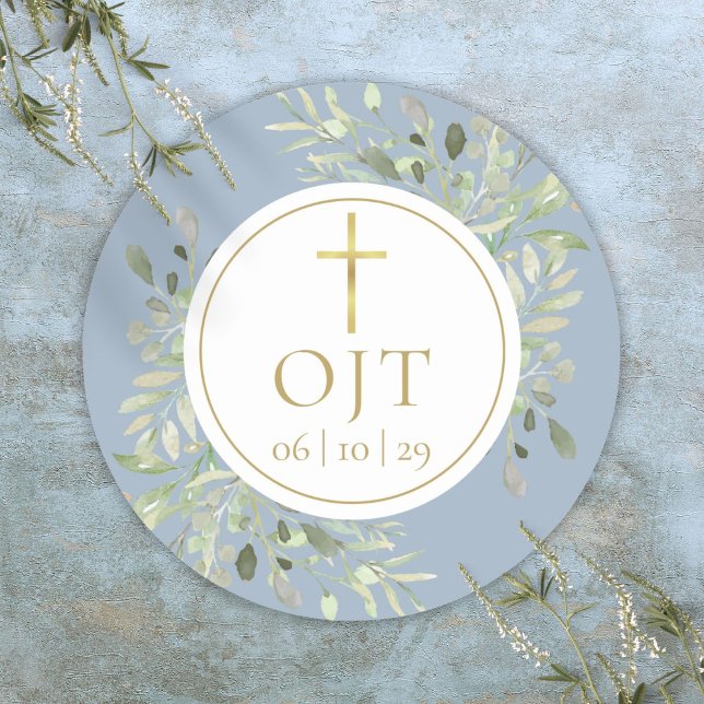Gold Cross Monogram Initials Greenery Dusty Blue Classic Round Sticker (Gold Cross Monogram Initials Greenery Dusty Blue Classic Round Sticker)