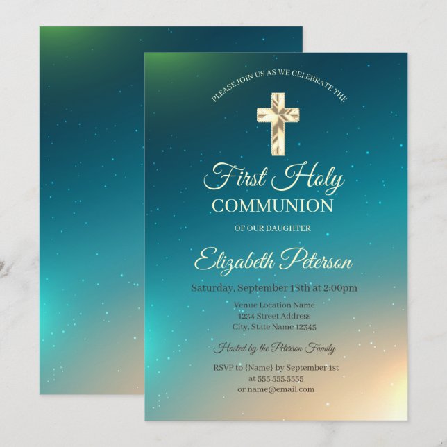 Gold Cross Ombre  First Holy Communion  Invitation (Front/Back)