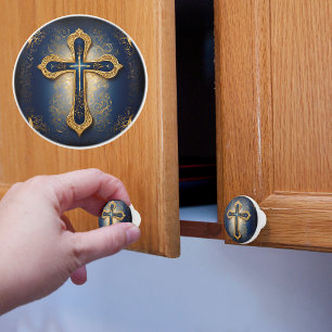 Gold Cross On Blue Ceramic Knob