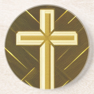 Gold Cross on Brown Background Sandstone Coaster
