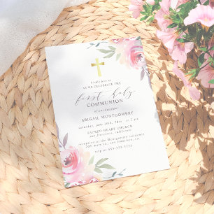 Gold Cross & Painted Flowers First Holy Communion Invitation