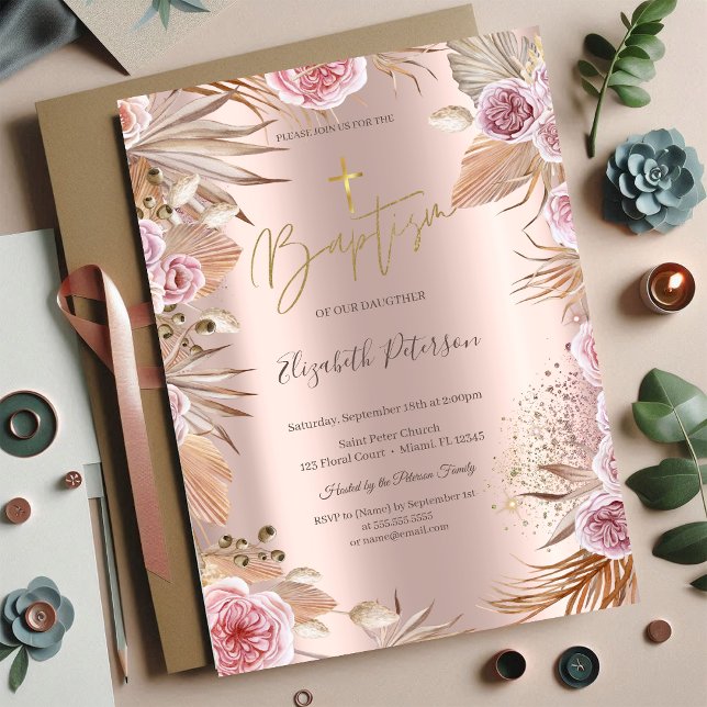 Gold Cross Pampas Grass Boho Flowers Baptism Invitation (Creator Uploaded)