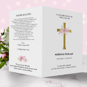Gold cross, pink bouquet commemoration program flyer