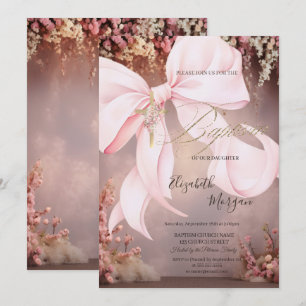 Gold Cross Pink Bow Floral Baptism Invitation