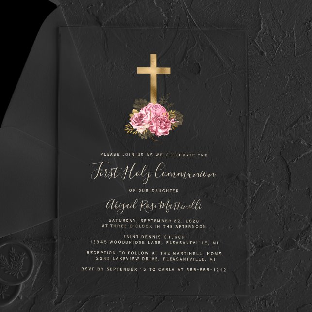 Gold Cross Pink Floral Gold Text First Communion Acrylic Invitations (Creator Uploaded)