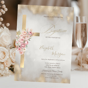  Gold Cross Pink Flowers Baptism Glitter Gold Invitation