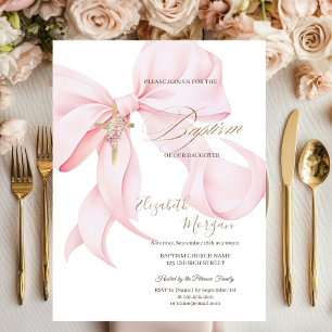 Gold Cross Pink Flowers Bow Baptism Pink Invitation
