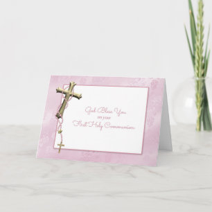 Gold Cross, Pink Rosary Beads, Communion Blessing Card