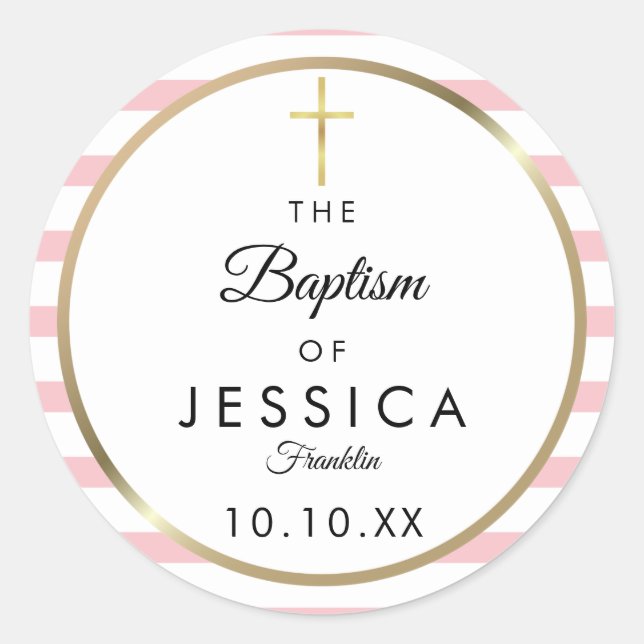 Gold Cross Pink Stripe Baptism Christening Classic Round Sticker (Front)