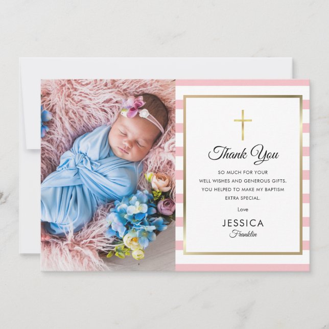 Gold Cross Pink Stripe Baptism Christening Photo Thank You Card (Front)