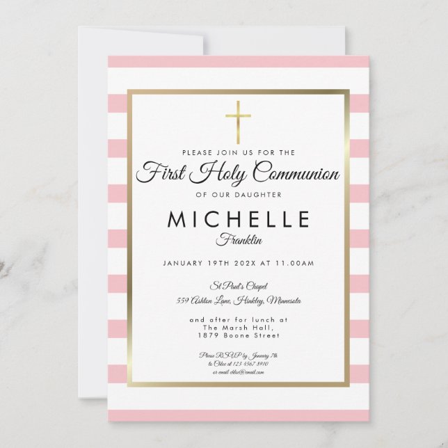 Gold Cross Pink Stripe First Holy Communion Invitation (Front)