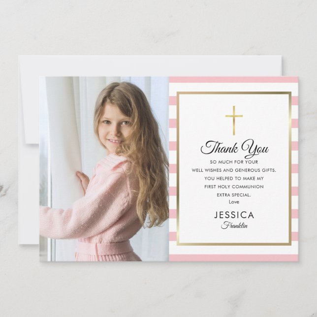 Gold Cross Pink Stripe First Holy Communion Photo Thank You Card (Front)