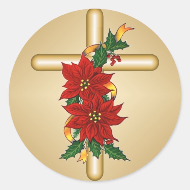 Gold Cross Poinsettia Christmas Stickers (Front)