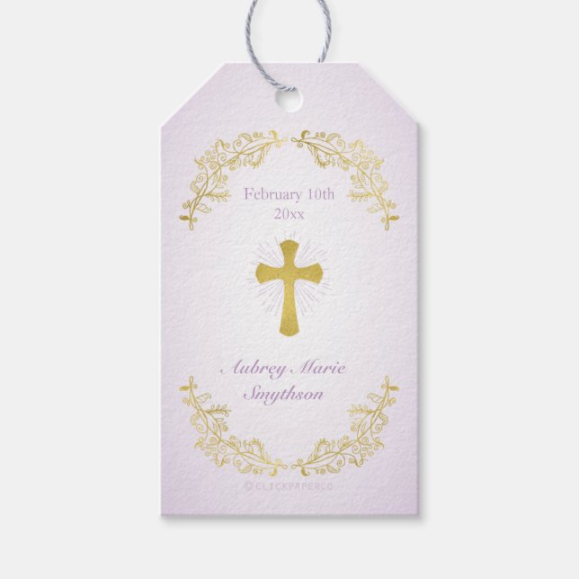 Gold Cross Purple Baptism Gift Tags (Front)