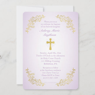 Gold Cross Purple Baptism Photo Invitation