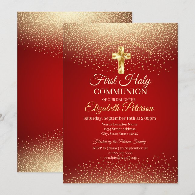 Gold Cross Red Dots First Holy Communion  Invitation (Front/Back)