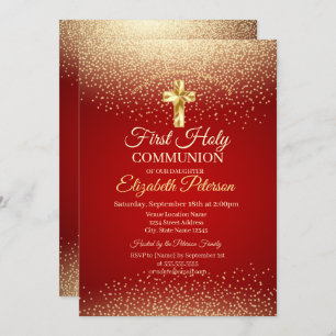 Gold Cross Red Dots First Holy Communion  Invitation