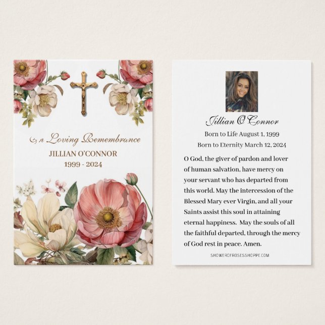 Gold Cross Red Roses Sympathy Condolence Holy Card (Front & Back)