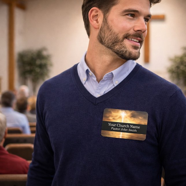 Gold Cross Reflection Church  Name Tag (Creator Uploaded)