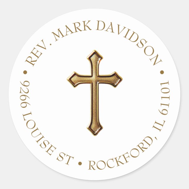 Gold Cross Religious Address Classic Round Sticker (Front)
