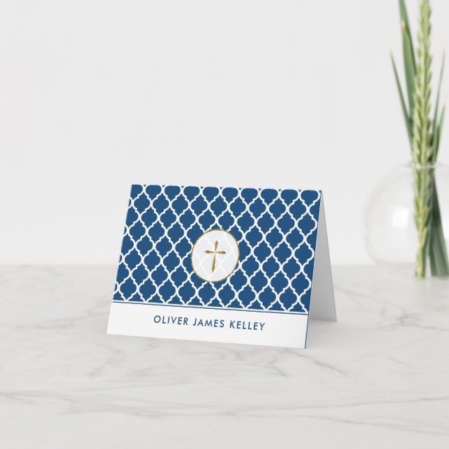 Gold Cross Religious Thank You, Navy Quatrefoil Thank You Card (Front)