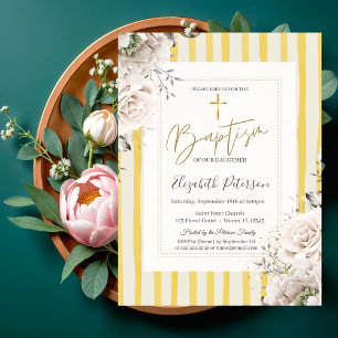 Gold Cross Roses Yellow Striped Baptism Invitation