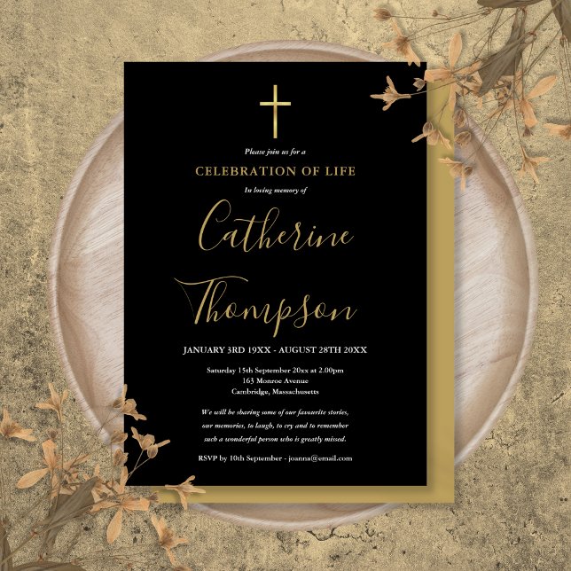 Gold Cross Script Funeral Celebration of Life Invitation (Gold Cross Script Funeral Celebration of Life Invitation)