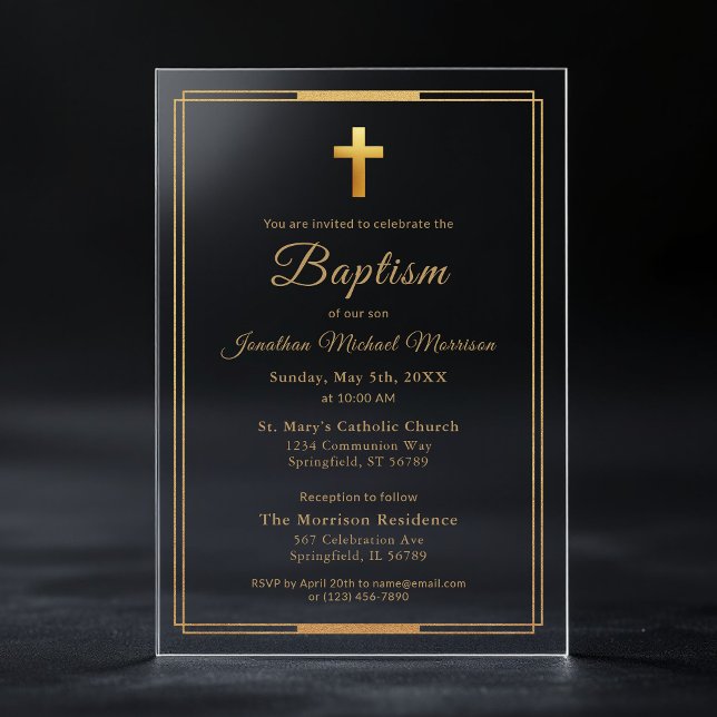 Gold Cross Script Typography Chic Elegant Baptism Acrylic Invitations (Creator Uploaded)