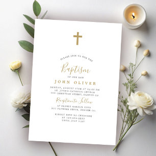 Gold cross simple minimalist boy baptism invitation