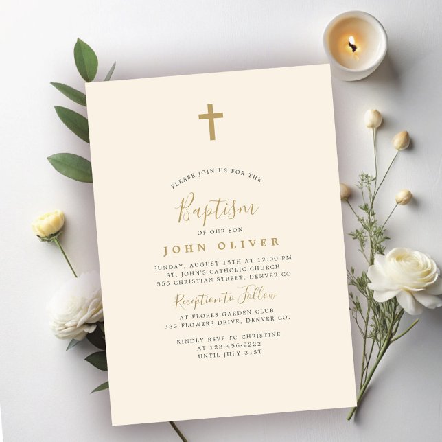 Gold cross simple minimalist boy baptism invitation (Creator Uploaded)