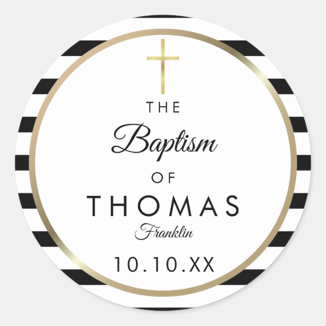 Gold Cross Stripe Baptism Christening Classic Round Sticker (Front)