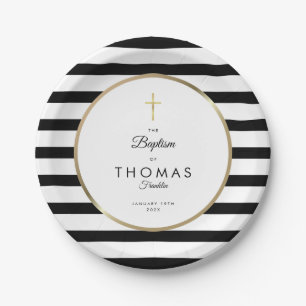 Gold Cross Stripe Baptism Christening Paper Plate