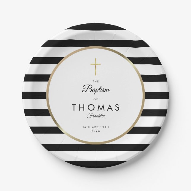Gold Cross Stripe Baptism Christening Paper Plate (Front)