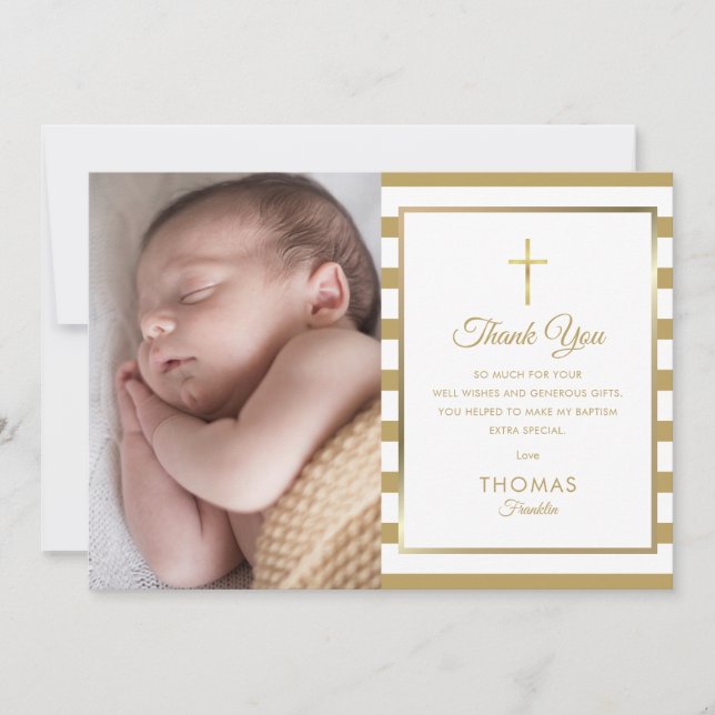 Gold Cross Striped Baptism Christening Photo Thank You Card (Front)