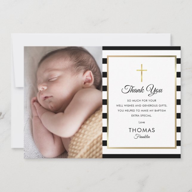 Gold Cross Striped Baptism Christening Photo Thank You Card (Front)